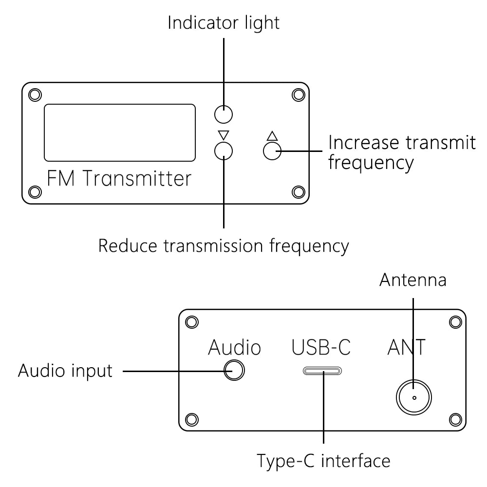Portable 0.5W Long-Range FM Transmitter – USB-C Powered Mini Broadcast Radio (Up to 2 km, 76–108 MHz)