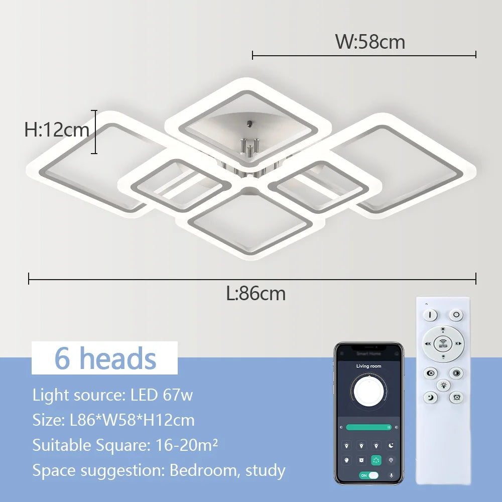 Jelena Modern Square LED Ceiling Lamp | Smart Dimming, 4–10 Head Options