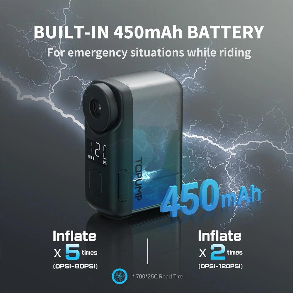 TOPUMP Mini Electric Bike Tire Inflator 110PSI Cordless Air Pump with Digital Display & Memory Pressure Setting