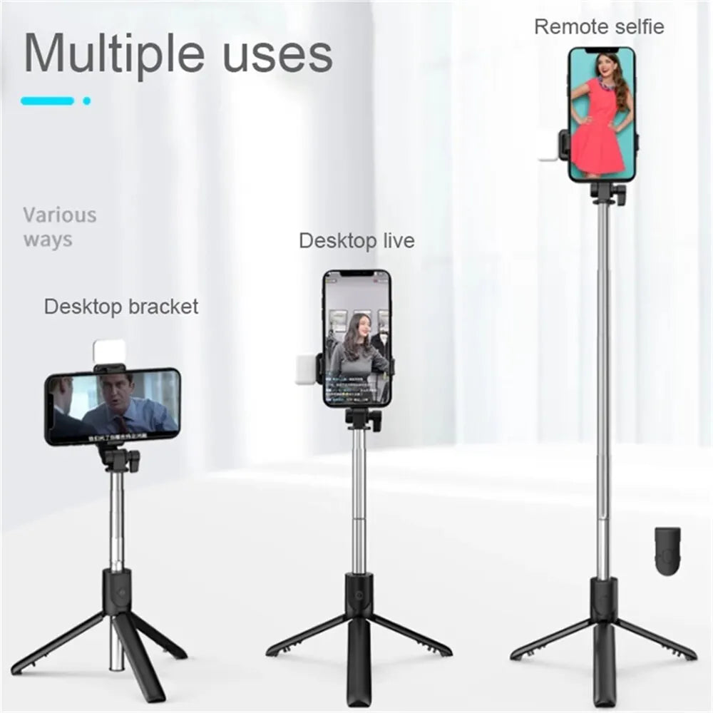 Compact Selfie Stick Tripod – Stainless Steel, Fill Light & Bluetooth Control