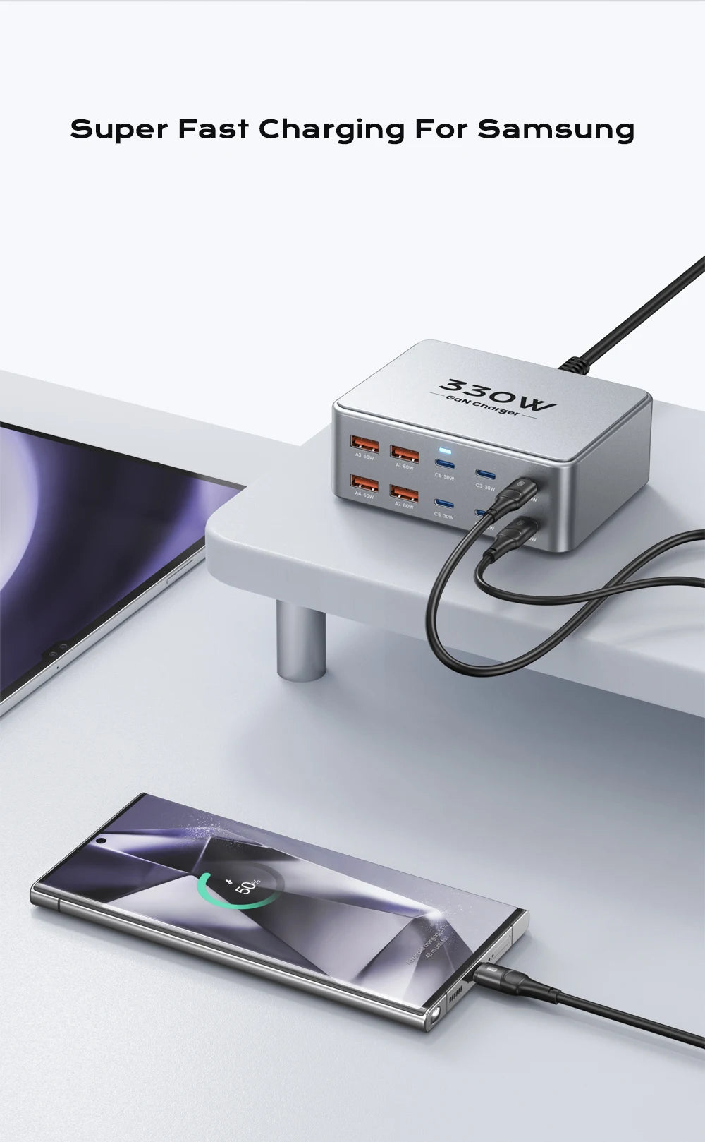 AS330W 330W GaN Desktop Charger – 10-Port USB-C & USB-A Fast Charging Station