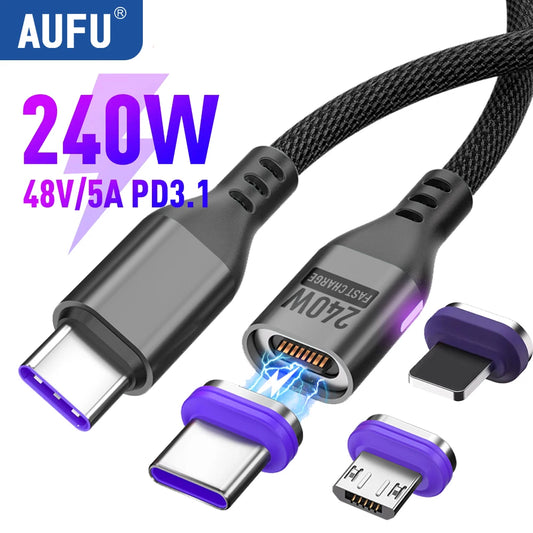3-in-1 Magnetic USB-C Cable 240W PD – 5A Super Fast Charging for MacBook, iPhone & Android