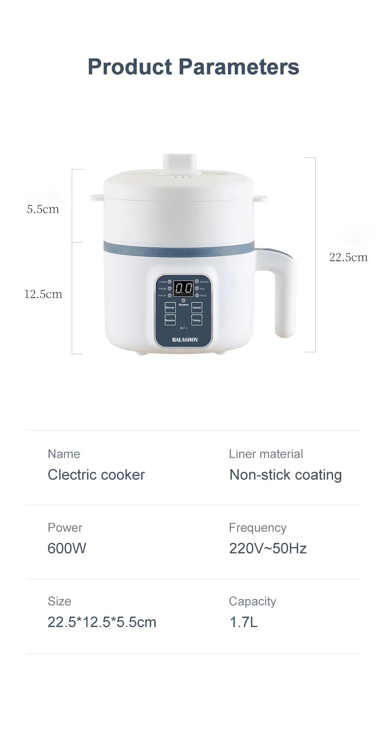 BALASHOV Compact Electric Rice Cooker 1.7L – Non-Stick Inner Pot, Steaming Basket Included