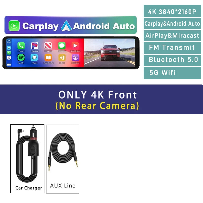11.26” 4K Rearview Mirror DVR | CarPlay, Android Auto, GPS Ready