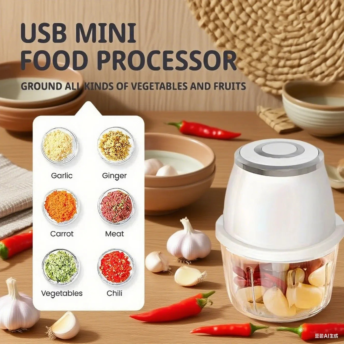 TINGBAI Portable Electric Garlic Chopper – 6-Blade USB-C Rechargeable Food Grinder