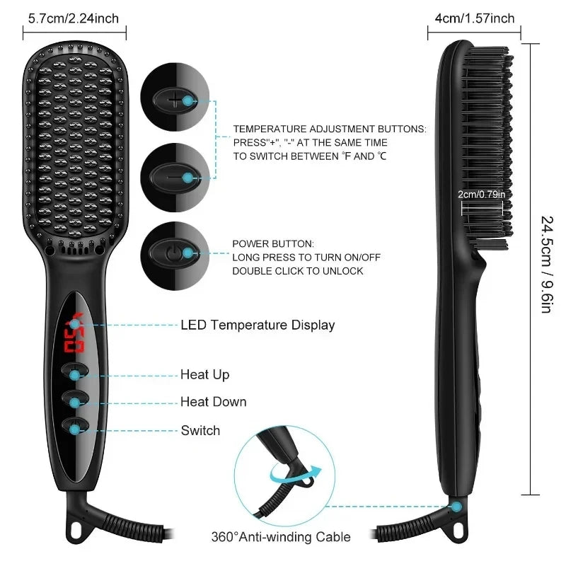 Electric Beard & Hair Straightener Brush – Anti-Scald Ceramic Heated Styling Comb