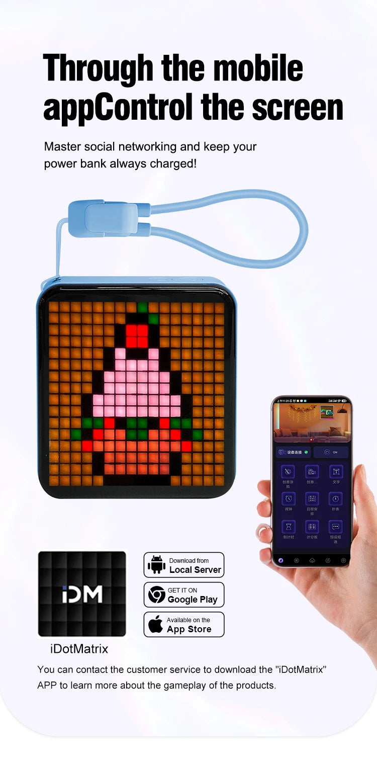 Pixel Display Power Bank 5000mAh – RGB Bluetooth Screen USB-C Fast Charger with LED Light