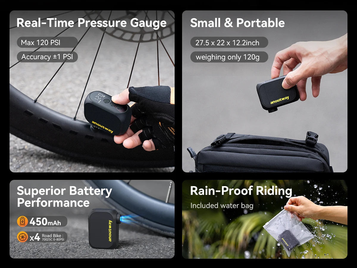 Anoutway AT1 Pro Mini Electric Bike Tire Inflator 120PSI Cordless Pump with Digital Display & Type-C Fast Charging