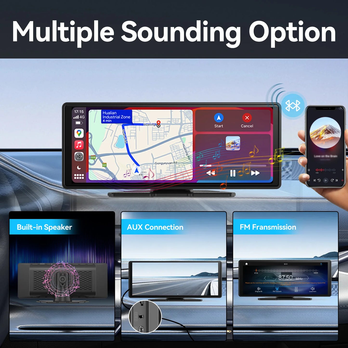 Pionray 10.26” Portable Wireless CarPlay & Android Auto Screen with Dual Camera Support