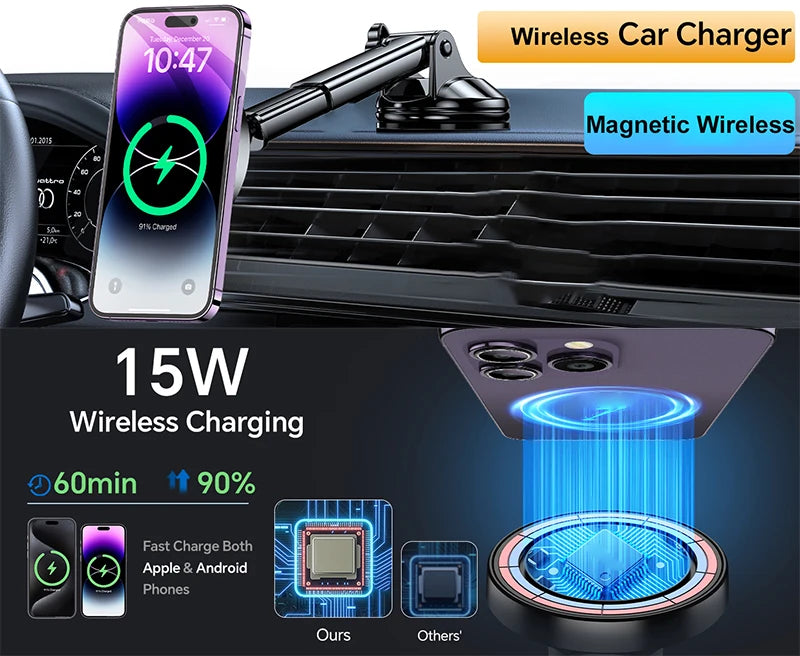 30W Magnetic Wireless Car Charger with Cooling Fan – Qi Fast Charging for iPhone
