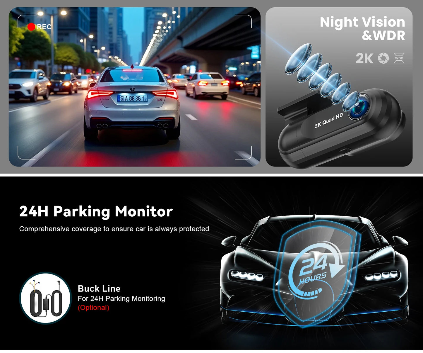 Soam 2.5K WiFi Dash Cam with GPS & Parking Monitor – 1440P Night Vision DVR