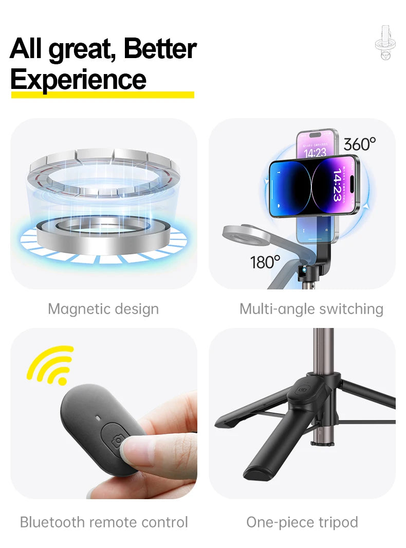 Magnetic Selfie Stick Tripod for iPhone – Bluetooth Remote & 360° Rotation