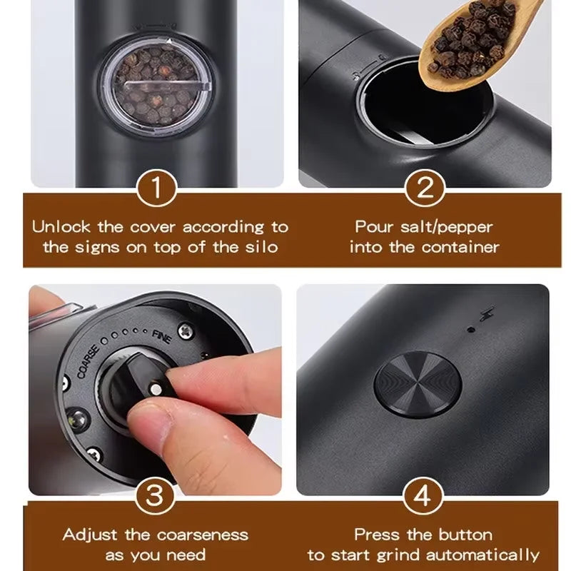 OLOEY Rechargeable Electric Salt & Pepper Grinder Set – Adjustable Coarseness with LED & Charging Base