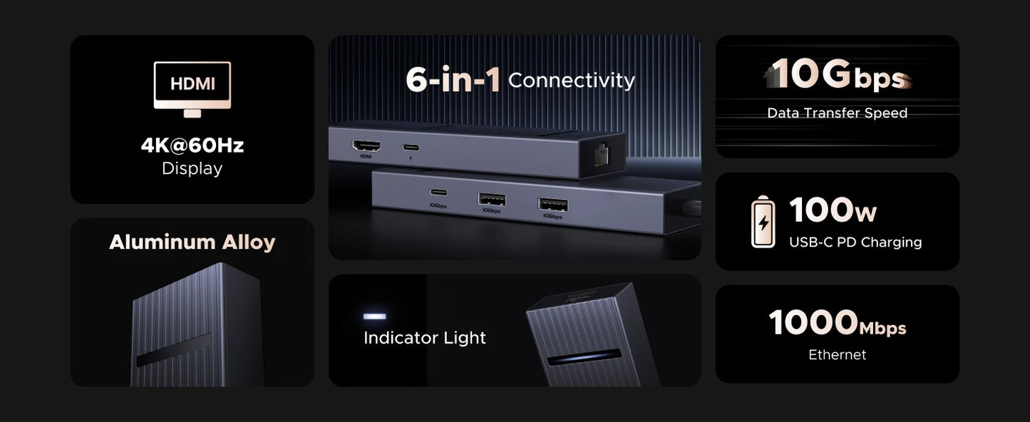 6-in-1 USB-C Hub for Steam Deck & ROG Ally – HDMI, Ethernet, 10Gbps, PD