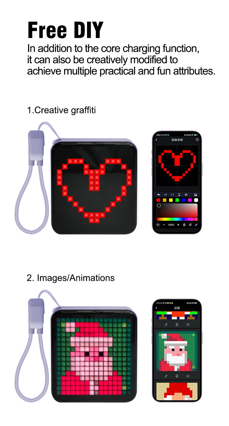 Pixel Display Power Bank 5000mAh – RGB Bluetooth Screen USB-C Fast Charger with LED Light