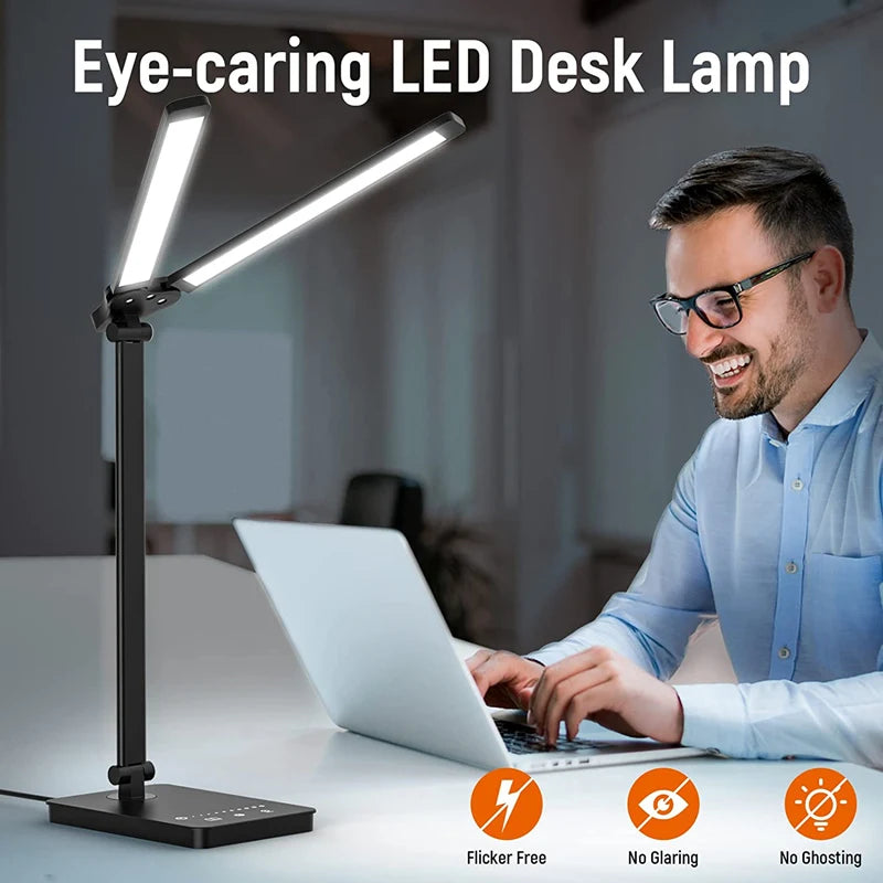 Double-Head LED Desk Lamp with USB Charging | Eye-Care Touch Control, 50 Lighting Modes
