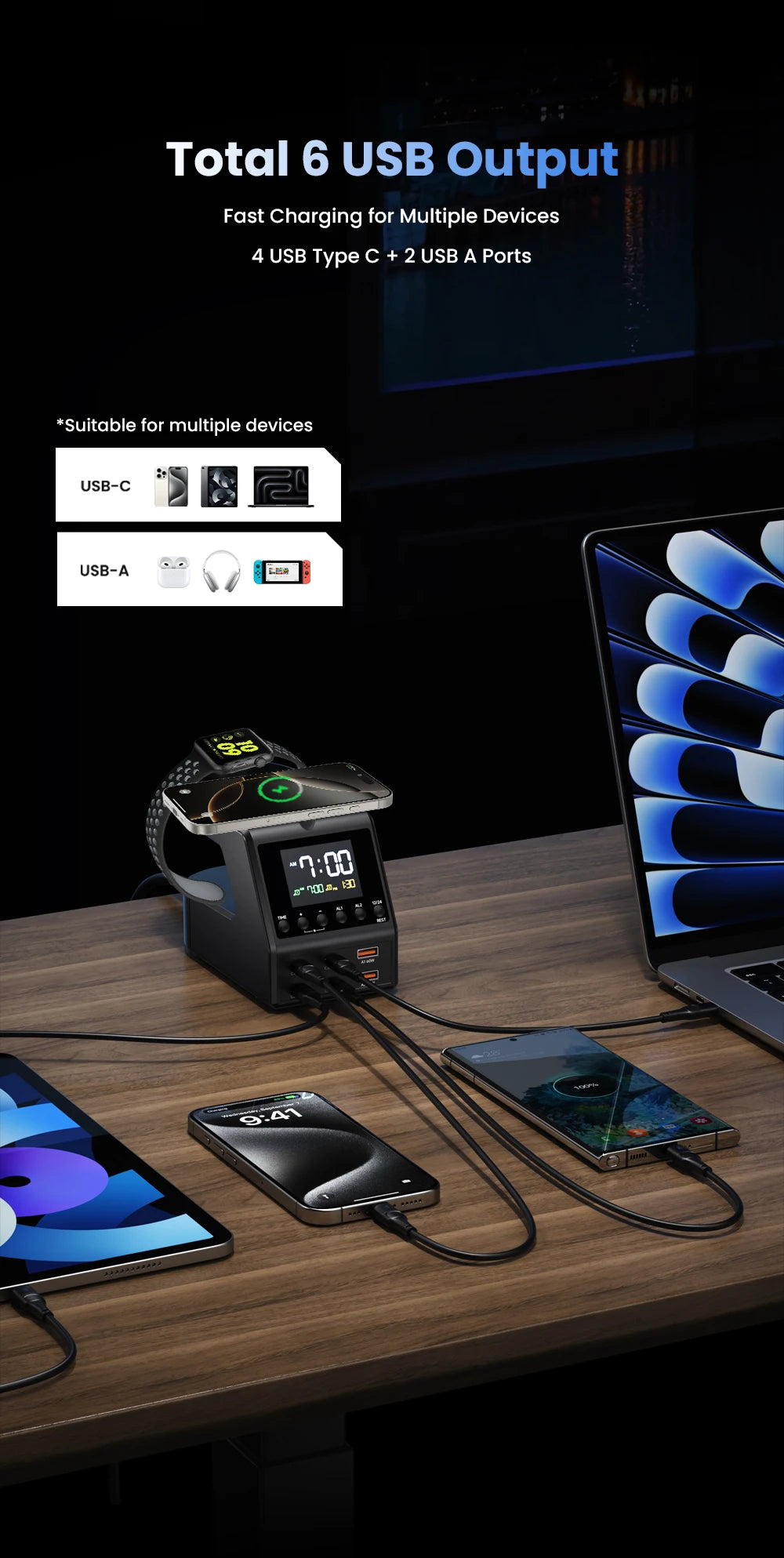 240W Smart GaN Charger Station – 6 USB Ports + Wireless & Alarm Clock
