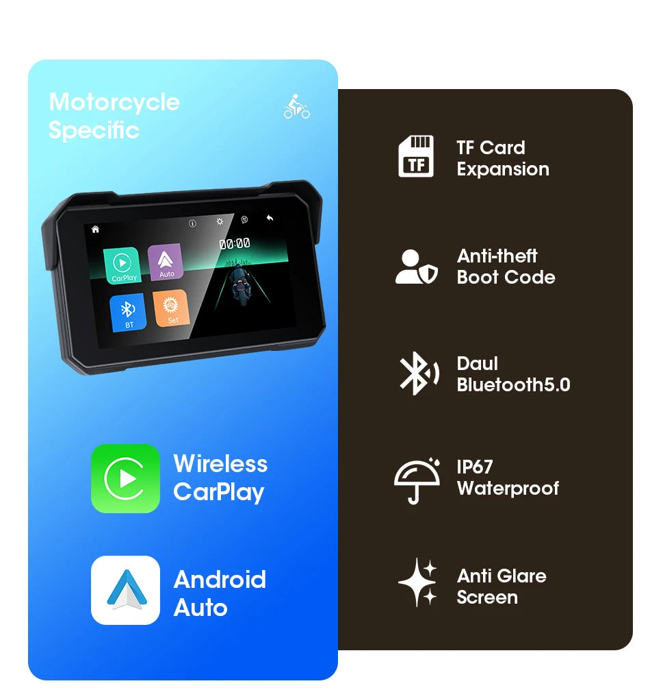 Jansite Portable Motorcycle CarPlay Screen – Dual Bluetooth, WiFi, IPX7 Waterproof