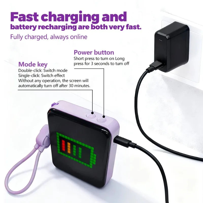 Pixel Display Power Bank 5000mAh – RGB Bluetooth Screen USB-C Fast Charger with LED Light