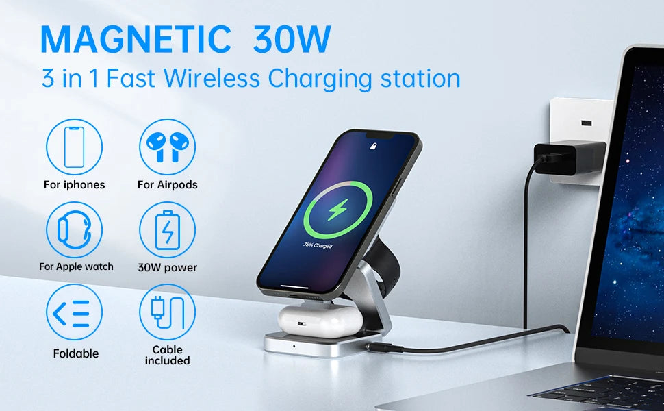 Portable 3-in-1 Magnetic Wireless Charging Station for iPhone & Samsung