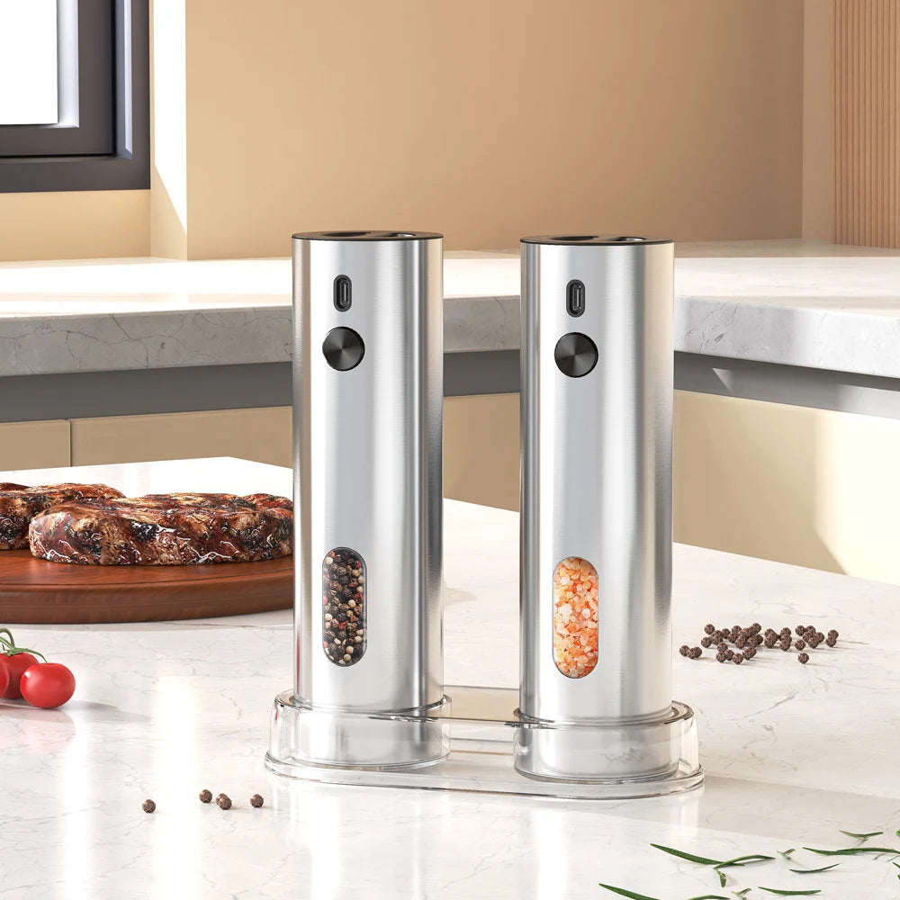 Electric Salt & Pepper Grinder Set – USB Rechargeable Stainless Steel Mills with 6-Level External Coarseness & LED Light (110ml)