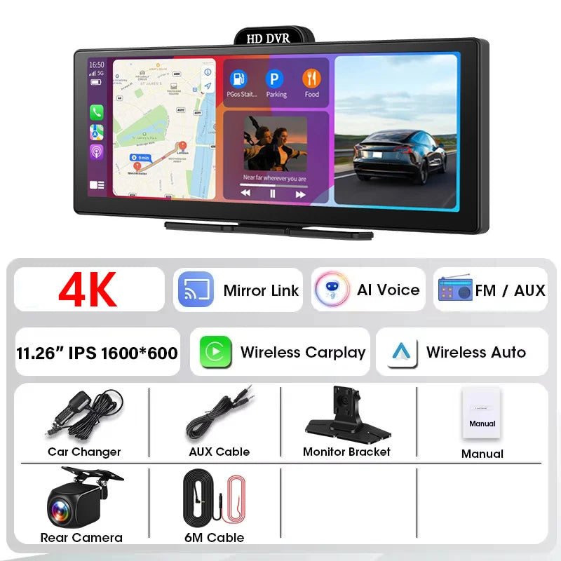 Srnubi 11.26" Portable 4K Car Dash Camera Dual Lens with IPS Touchscreen, Parking Monitor & ADAS