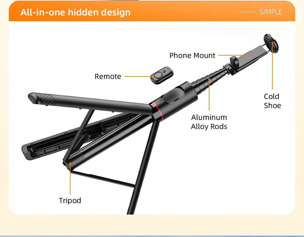 Hidden-Design Bluetooth Selfie Stick Tripod 183cm with Cold Shoe