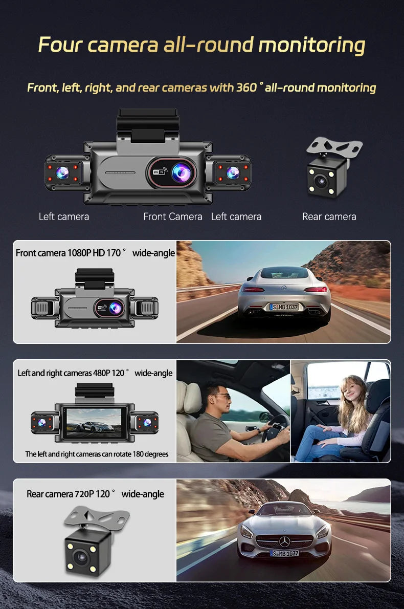 360° 4-Lens Dash Cam 1080P – WiFi Car DVR with Night Vision & Loop Recording