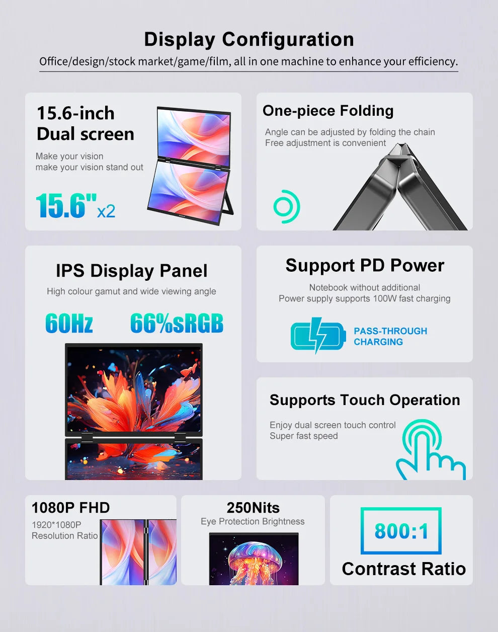 ZEUSLAP Z15WT 15.6″ Dual Touch Portable Monitor | Foldable Laptop Screen Extender | FHD IPS HDR10 | Thunderbolt USB-C