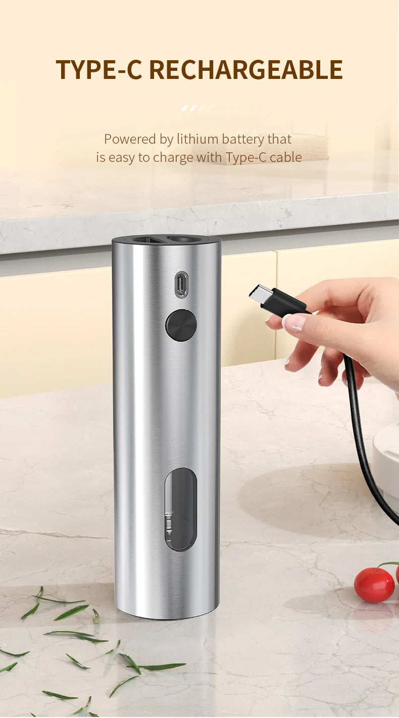 Electric Salt & Pepper Grinder Set – USB Rechargeable Stainless Steel Mills with 6-Level External Coarseness & LED Light (110ml)