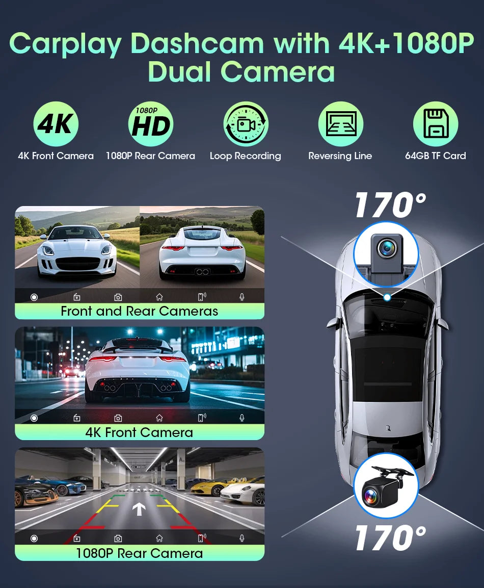 Jansite 10.26"/11.26" Wireless Apple CarPlay & Android Auto Screen with 4K Dash Cam Support