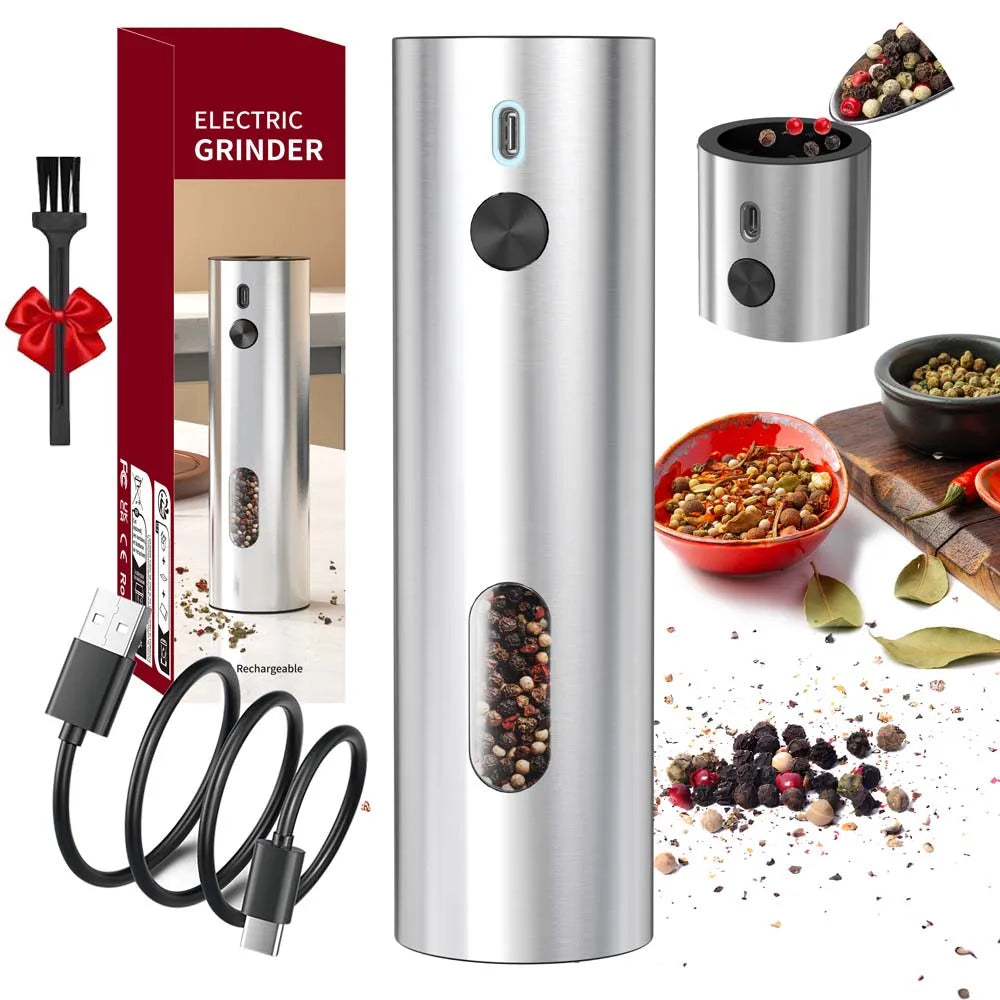 Electric Salt & Pepper Grinder Set – USB Rechargeable Stainless Steel Mills with 6-Level External Coarseness & LED Light (110ml)