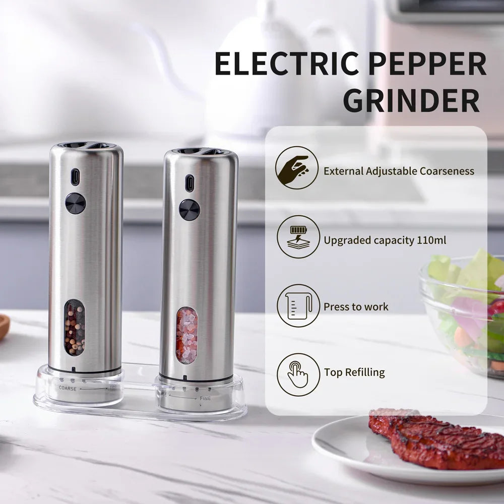 FLYMUYU Electric Salt & Pepper Grinder – Rechargeable Stainless Steel Spice Mill with Adjustable Coarseness & LED Light