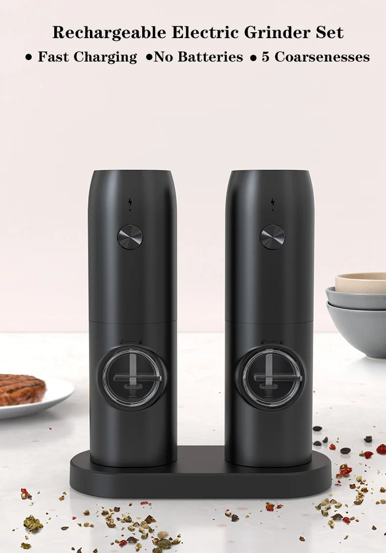 OLOEY Rechargeable Electric Salt & Pepper Grinder Set – Adjustable Coarseness with LED & Charging Base