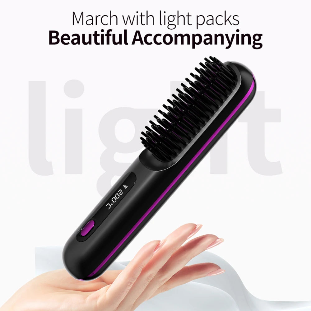 Cordless Hair Straightener Brush – Wireless Ceramic Heated Comb with Ions