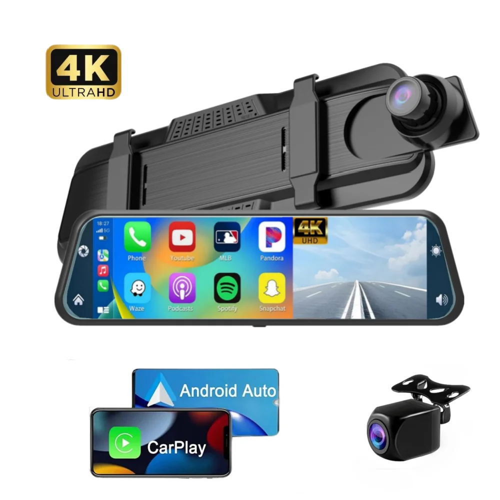 10″ 4K Car DVR Touch Screen with Wireless CarPlay & Android Auto – Front & Rear Dash Cam