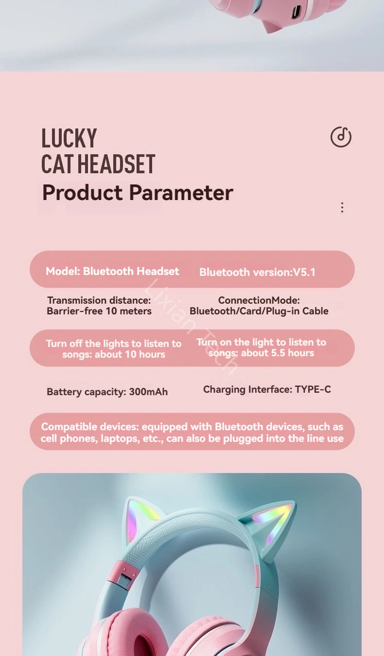 Over-Ear ANC Headset with RGB Cat Ears – Wired & Wireless, Gaming Mode