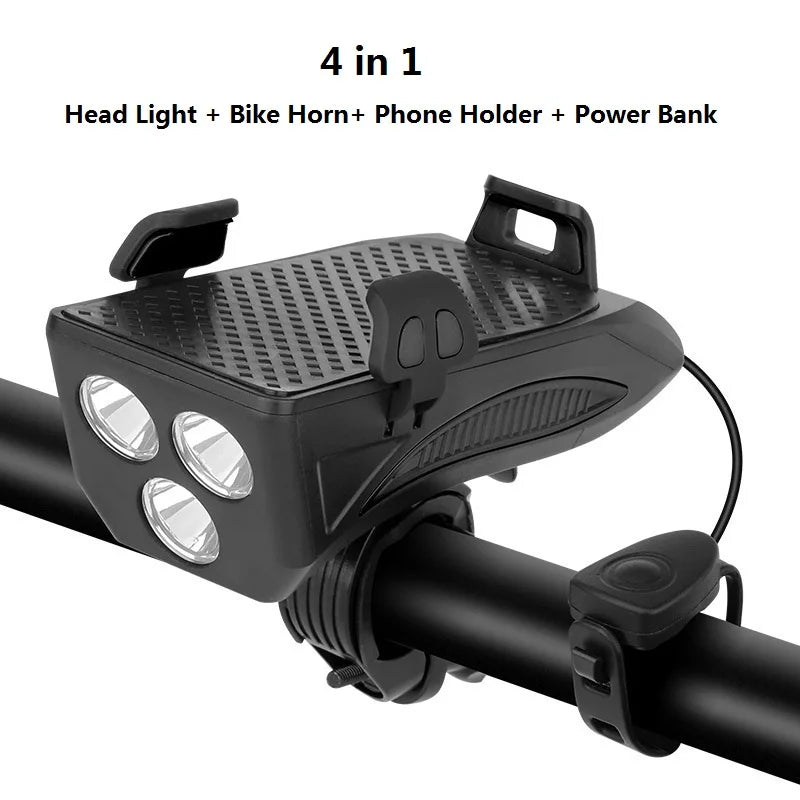4-in-1 Bicycle Phone Holder with Headlight, Horn & 4000mAh Power Bank