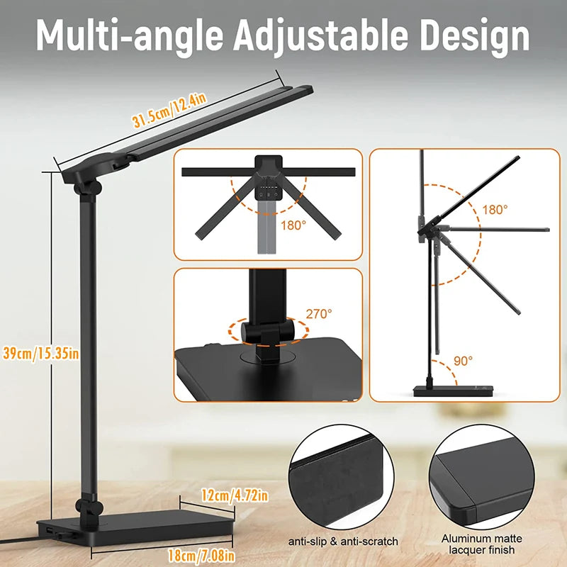 Double-Head LED Desk Lamp with USB Charging | Eye-Care Touch Control, 50 Lighting Modes