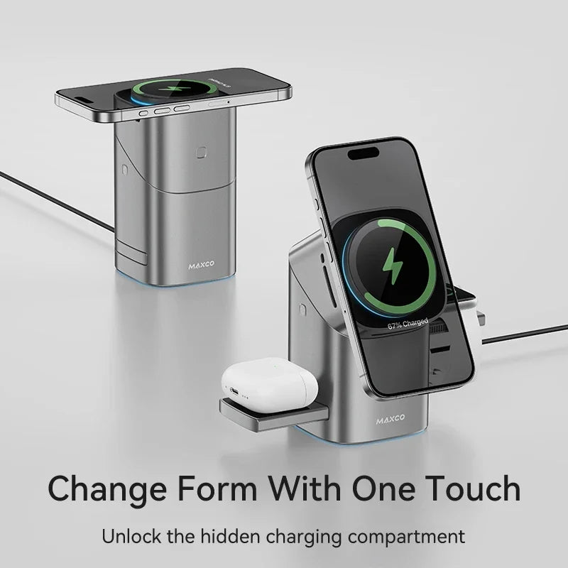 Maxco MW15 Qi2 Auto Rotate Magnetic Wireless Charging Stand – 3-in-1 Fast Charge