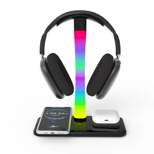 3-in-1 Wireless Charging Headphone Stand – Phone & Earbuds Charger with RGB Light