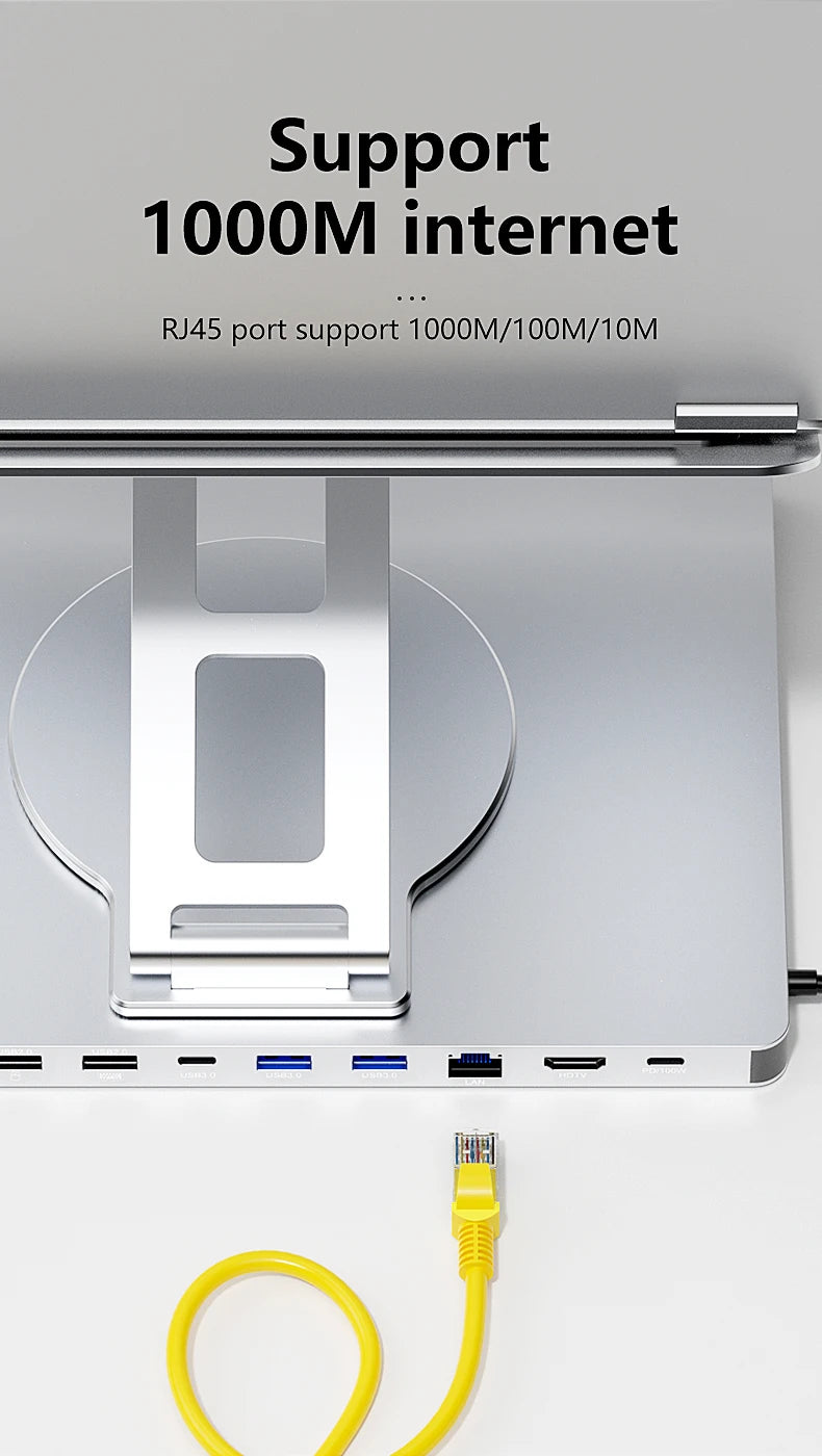 Aluminum Laptop Stand Hub 10-in-1 – USB-C Dock with 4K@60Hz HDMI, SD/TF & RJ45