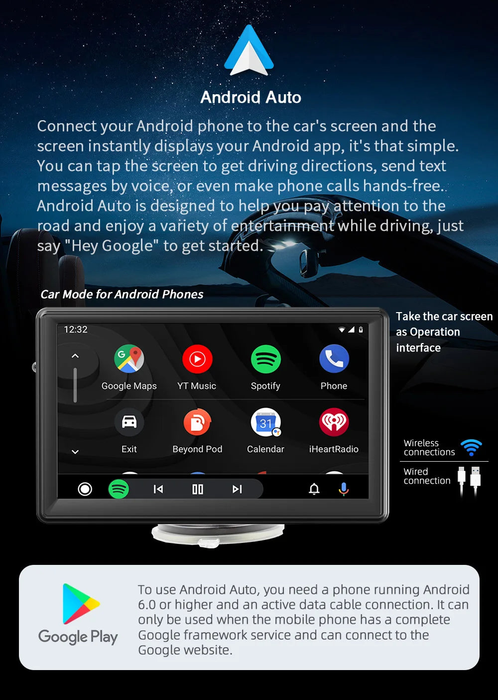 BQCC 7” Portable Wireless CarPlay & Android Auto MP5 Car Playe