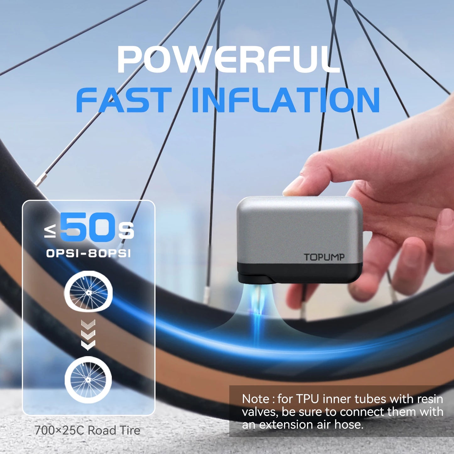 TOPUMP TB2 Mini Electric Bicycle Tire Inflator 120PSI Rechargeable Portable Pump with Schrader & Presta Valve