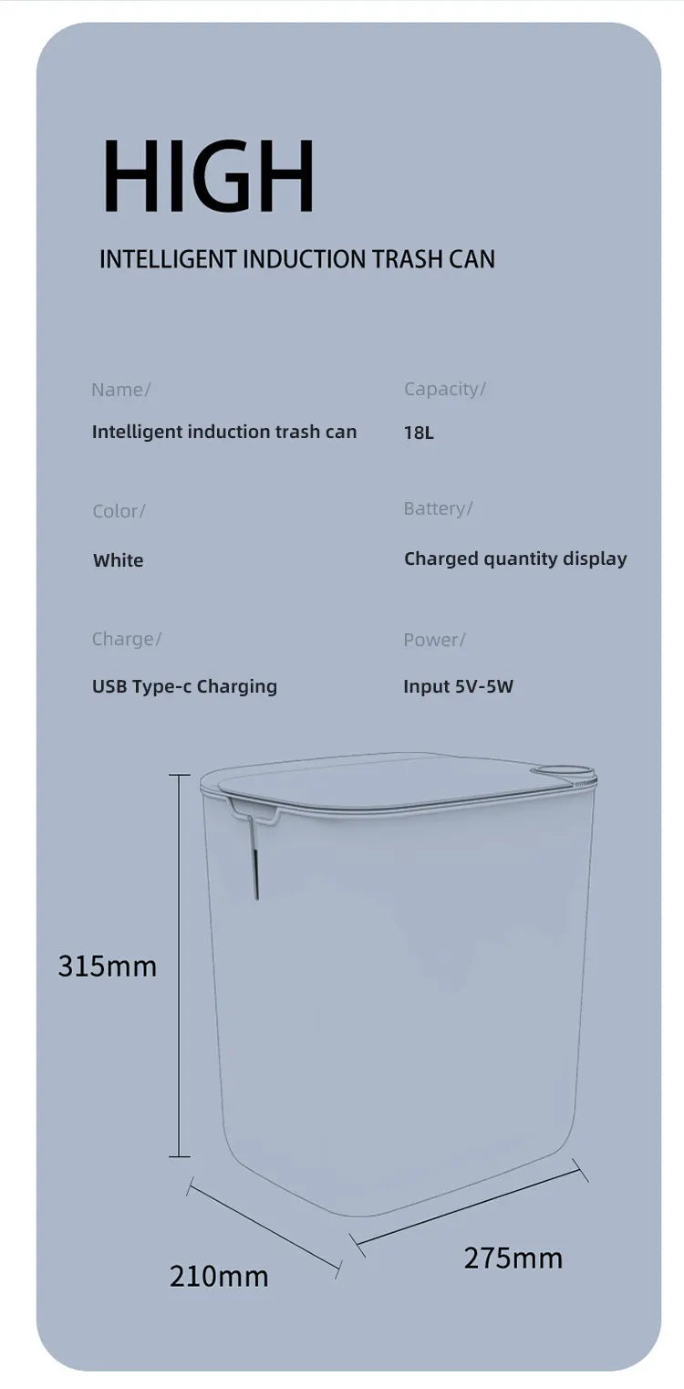 18L/20L Automatic Smart Trash Can – IPX5 Waterproof, Antibacterial Lamp, Long Battery Life