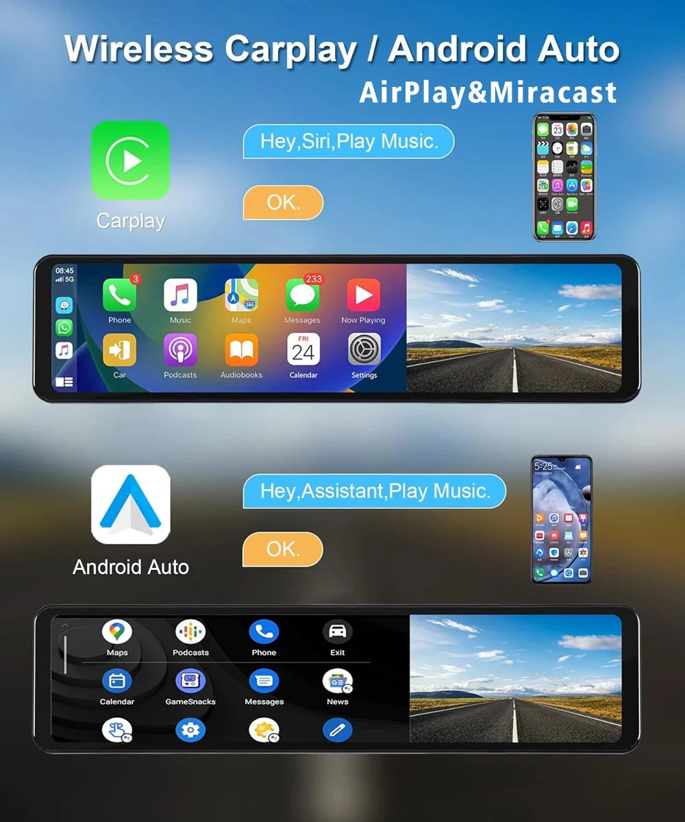 11.26” 4K Rearview Mirror DVR | CarPlay, Android Auto, GPS Ready