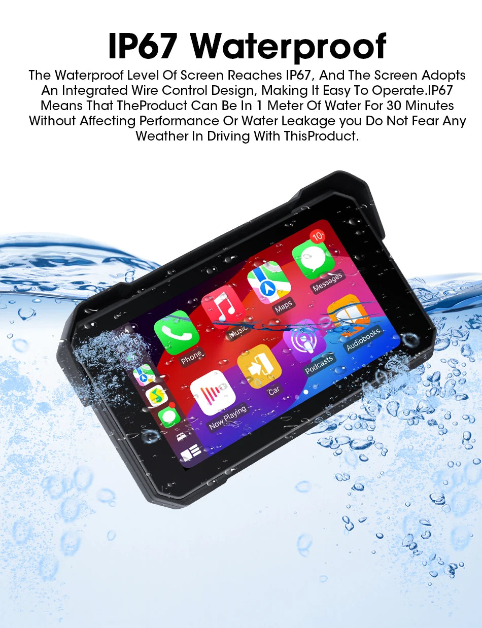Jansite Portable Motorcycle CarPlay Screen – Dual Bluetooth, WiFi, IPX7 Waterproof