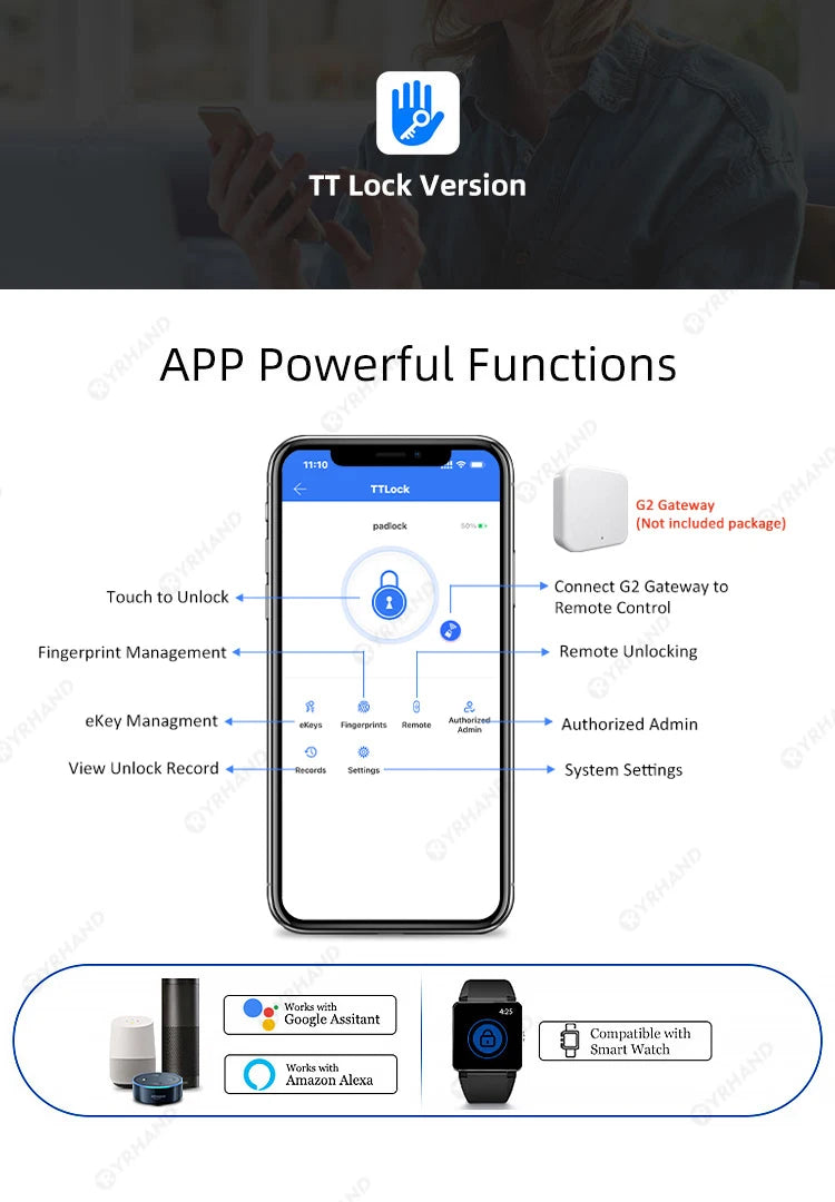 YRHAND 916 Smart Fingerprint Padlock – TTLock Bluetooth App, IP66 Keyless Security