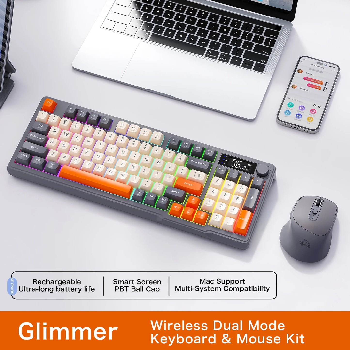 FREEWOLF M96 Wireless Keyboard & Mouse Combo – Dual Mode, Smart Screen, RGB Backlight