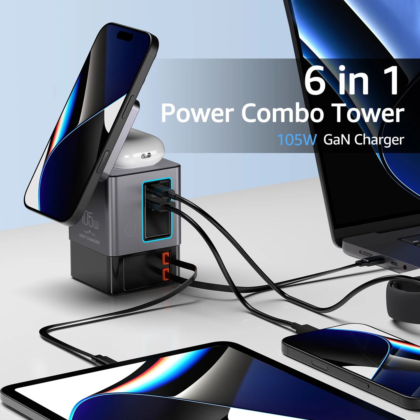 6-in-1 65W Multifunction Magnetic Wireless Charging Station for iPhone Watch AirPods USB-C